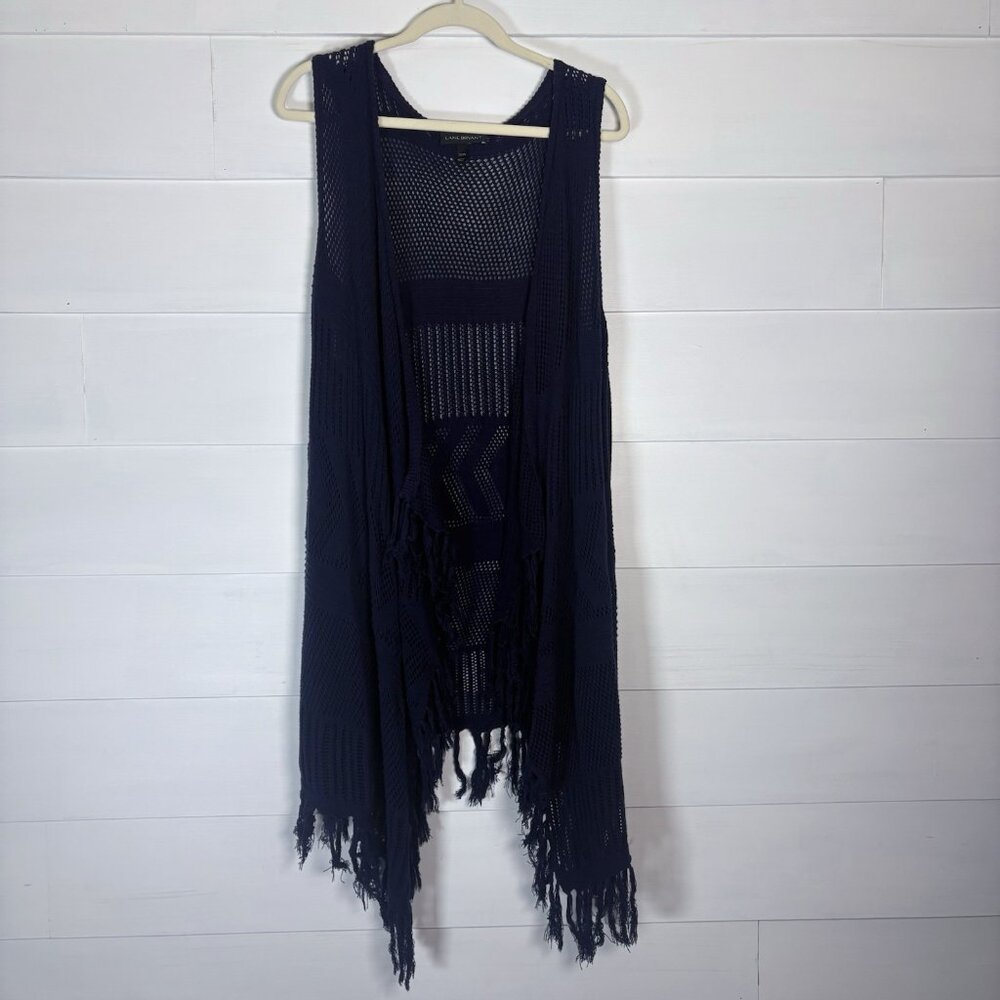 Lane Bryant Blue Sleeveless Knit Fringe Hem Waterfall Sweater Vest 22/24 Boho‎